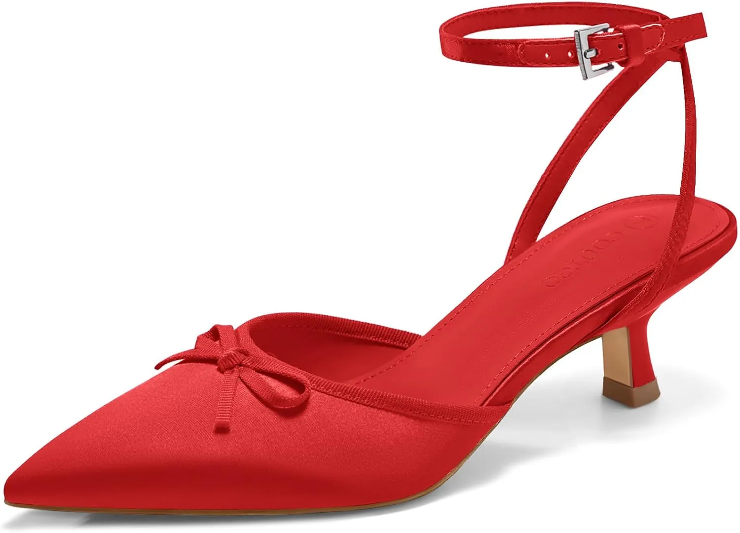 Coutgo Satin Kitten Low Heels with Bow Closed Pointed Toe Short Pumps Dress Wedding Party Shoes
