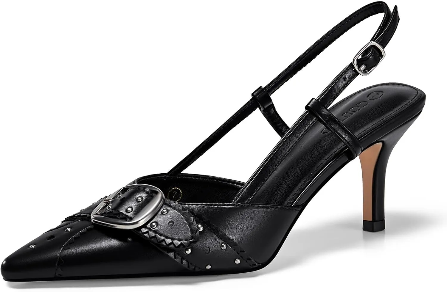 Coutgo Womens Slingback Kitten Heels Studded Closed Pointed Toe Pumps with Buckle Party Dress Shoes