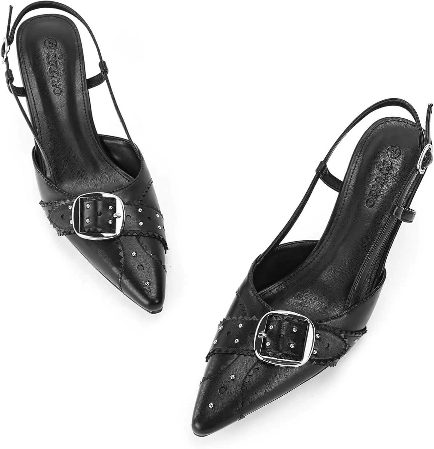 Coutgo Womens Slingback Kitten Heels Studded Closed Pointed Toe Pumps with Buckle Party Dress Shoes