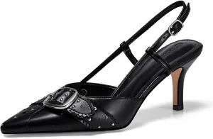 Coutgo Womens Slingback Kitten Heels Studded Closed Pointed Toe Pumps with Buckle Party Dress Shoes