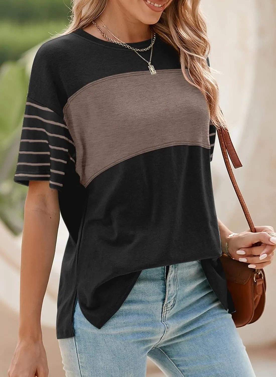 Dokotoo Summer Tops Trendy Oversized 2025 Crewneck Casual Color Block Striped Womens Shirts Blouses