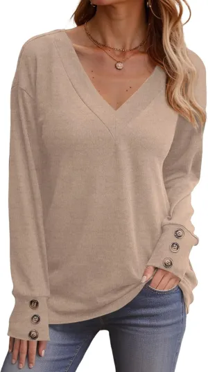 Dokotoo Women's Casual Long Sleeve V Neck Pullover Shirts Loose Fit Lightweight Knit Tops