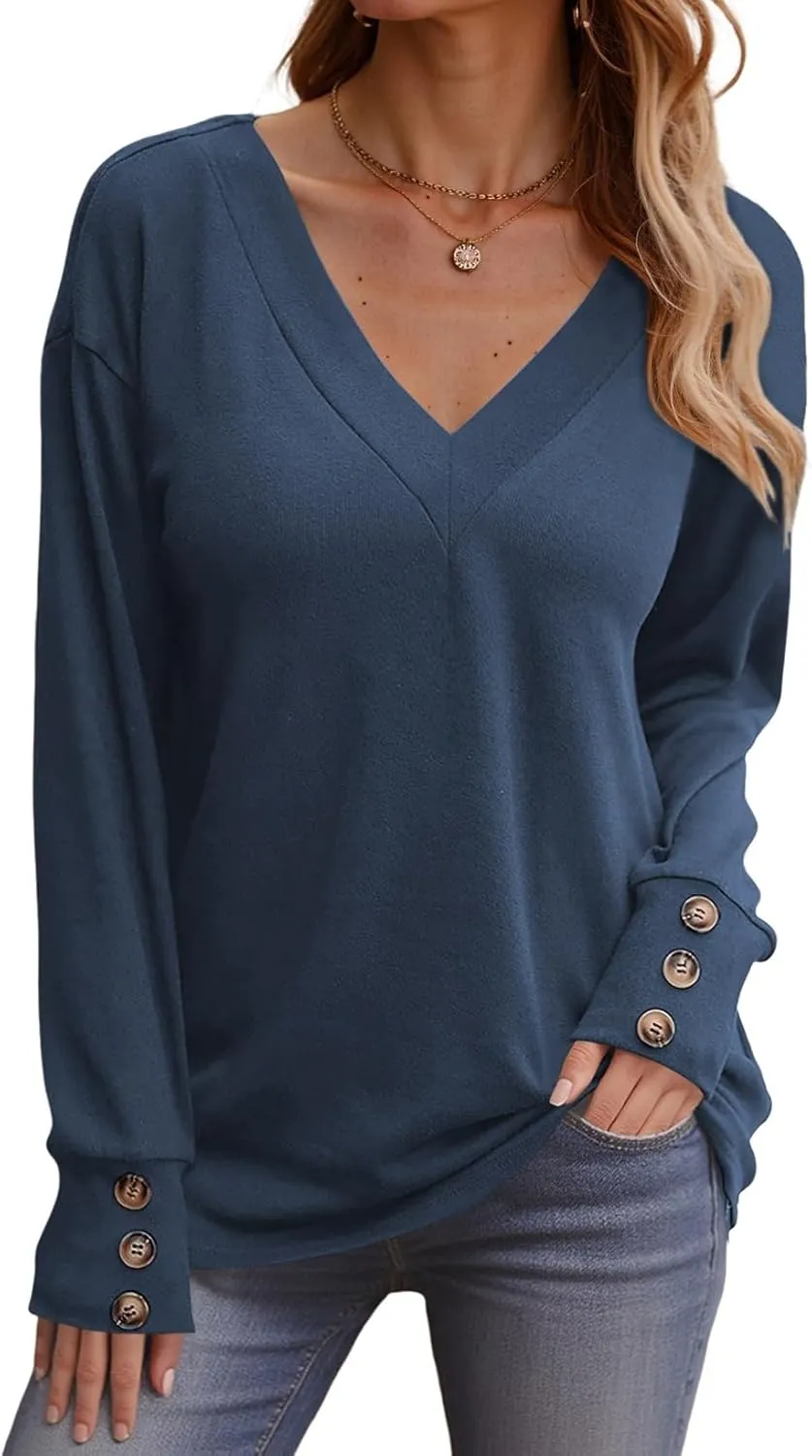 Dokotoo Women's Casual Long Sleeve V Neck Pullover Shirts Loose Fit Lightweight Knit Tops