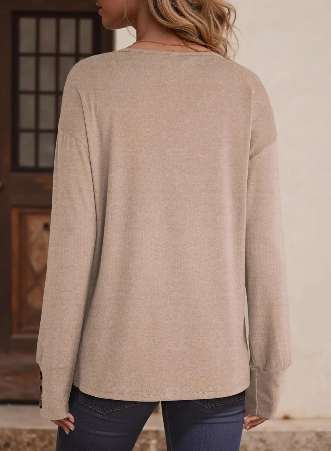 Dokotoo Women's Casual Long Sleeve V Neck Pullover Shirts Loose Fit Lightweight Knit Tops