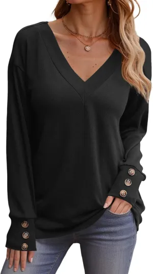 Dokotoo Women's Casual Long Sleeve V Neck Pullover Shirts Loose Fit Lightweight Knit Tops