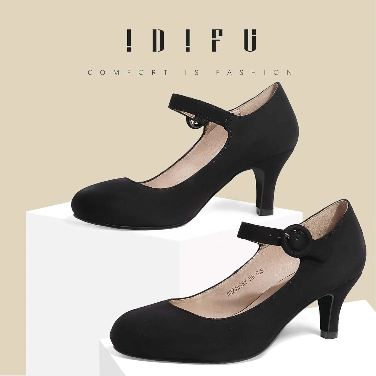 IDIFU Women's Jessy Dress Mary Jane Shoes Low Kitten Heels Closed Round Toe Office Work Wedding Pumps