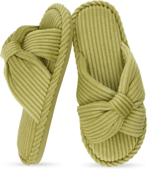 IPSAE Summer House Slippers for Woman Memory Foam Open Toe Slippers Corduroy Cross Bow Womens Slipper Slides Comfy Indoor Bedroom Slip On Shoes