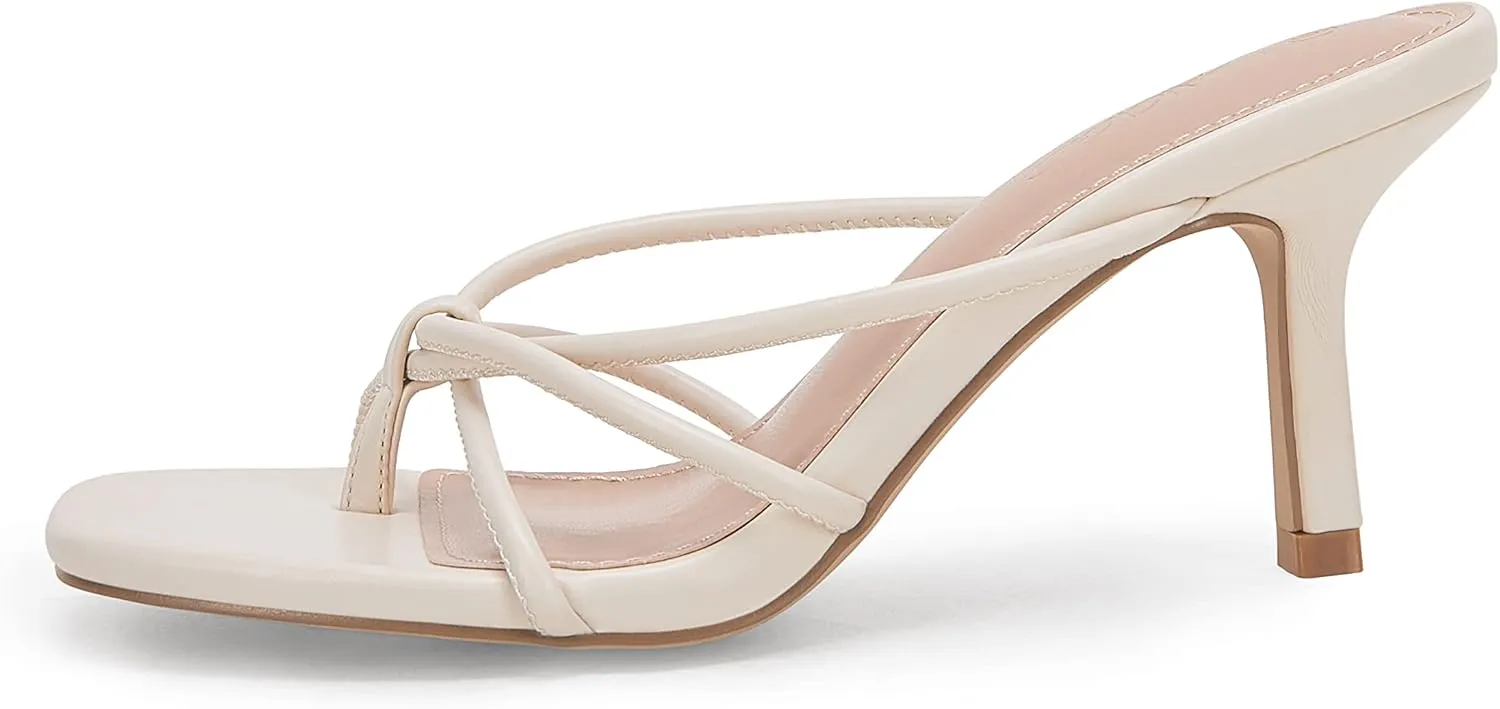 LAICIGO Womens Square Open Toe Flip Flops Stiletto Heels Strappy Thong Slide on Slingback Mules Sandals