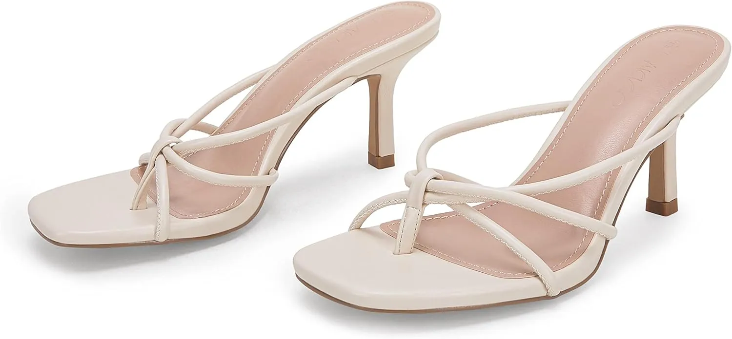 LAICIGO Womens Square Open Toe Flip Flops Stiletto Heels Strappy Thong Slide on Slingback Mules Sandals