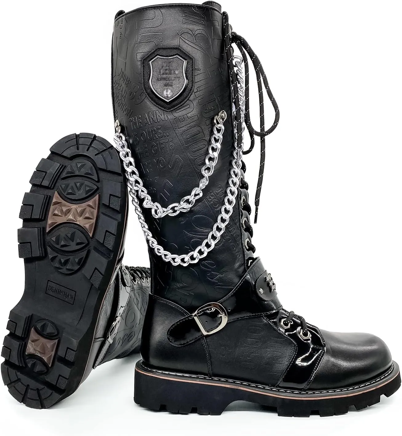 Men's Fashion Punk Motorcycle Boots Retro Metal Chain Lace Up Mid-Calf Boots