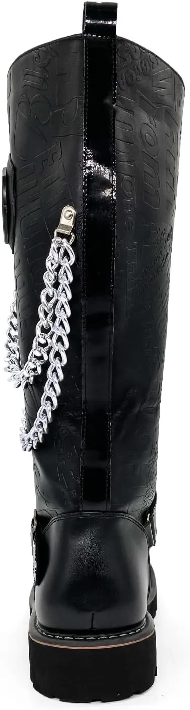 Men's Fashion Punk Motorcycle Boots Retro Metal Chain Lace Up Mid-Calf Boots