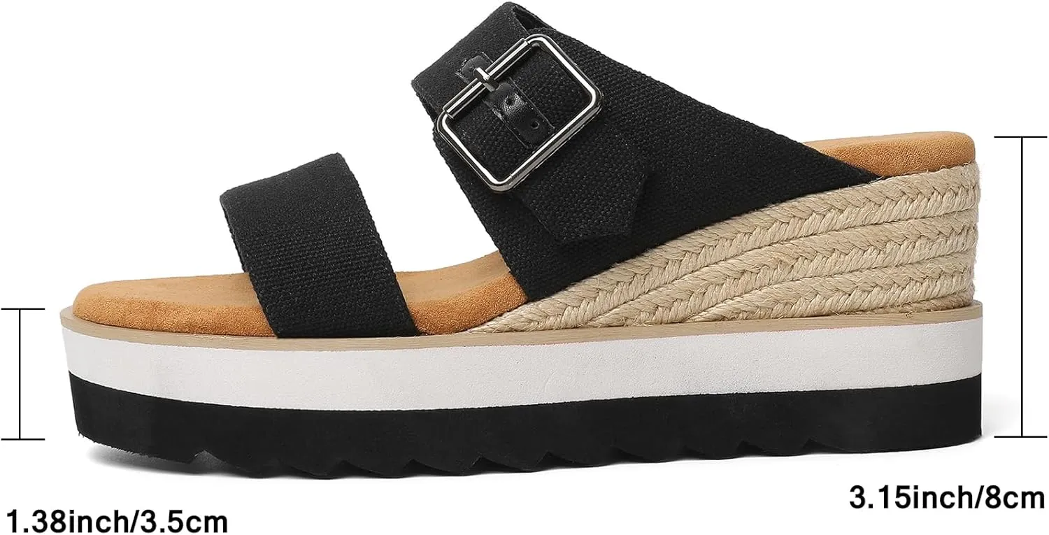 Platform Sandals Raffia Wedge Mules for Women Round Open Toe Slip On Sandals Espadrilles Womens Slides Shoes for Vacation Summer Beach