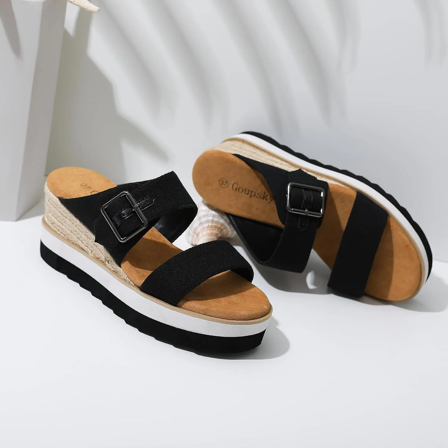 Platform Sandals Raffia Wedge Mules for Women Round Open Toe Slip On Sandals Espadrilles Womens Slides Shoes for Vacation Summer Beach