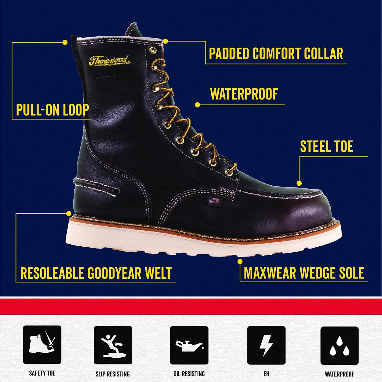 Thorogood 1957 Series 8 Waterproof Steel Toe Work Boots for Men - Full-Grain Leather with Moc Toe, Slip-Resistant Wedge Outsole, and Shock-Absorbing Insole; EH Rated