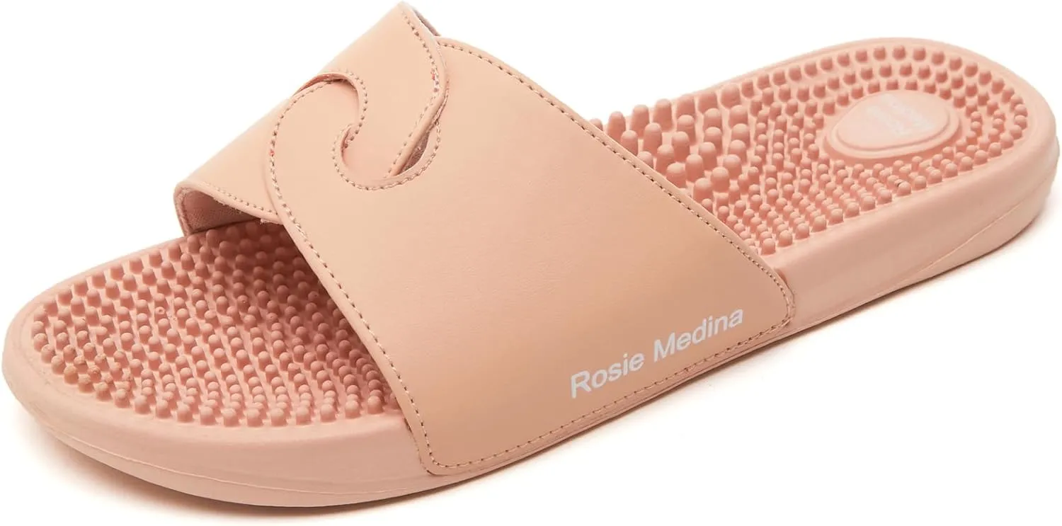 Vegan Leather Reflexology Massage Slippers - Indoor Sandals - Acupressure Footbed - Arch Support - Shock Absorbing Sole - Pain Relief & Relaxation for Flat Feet -Fallen Arches - Size - 8 US