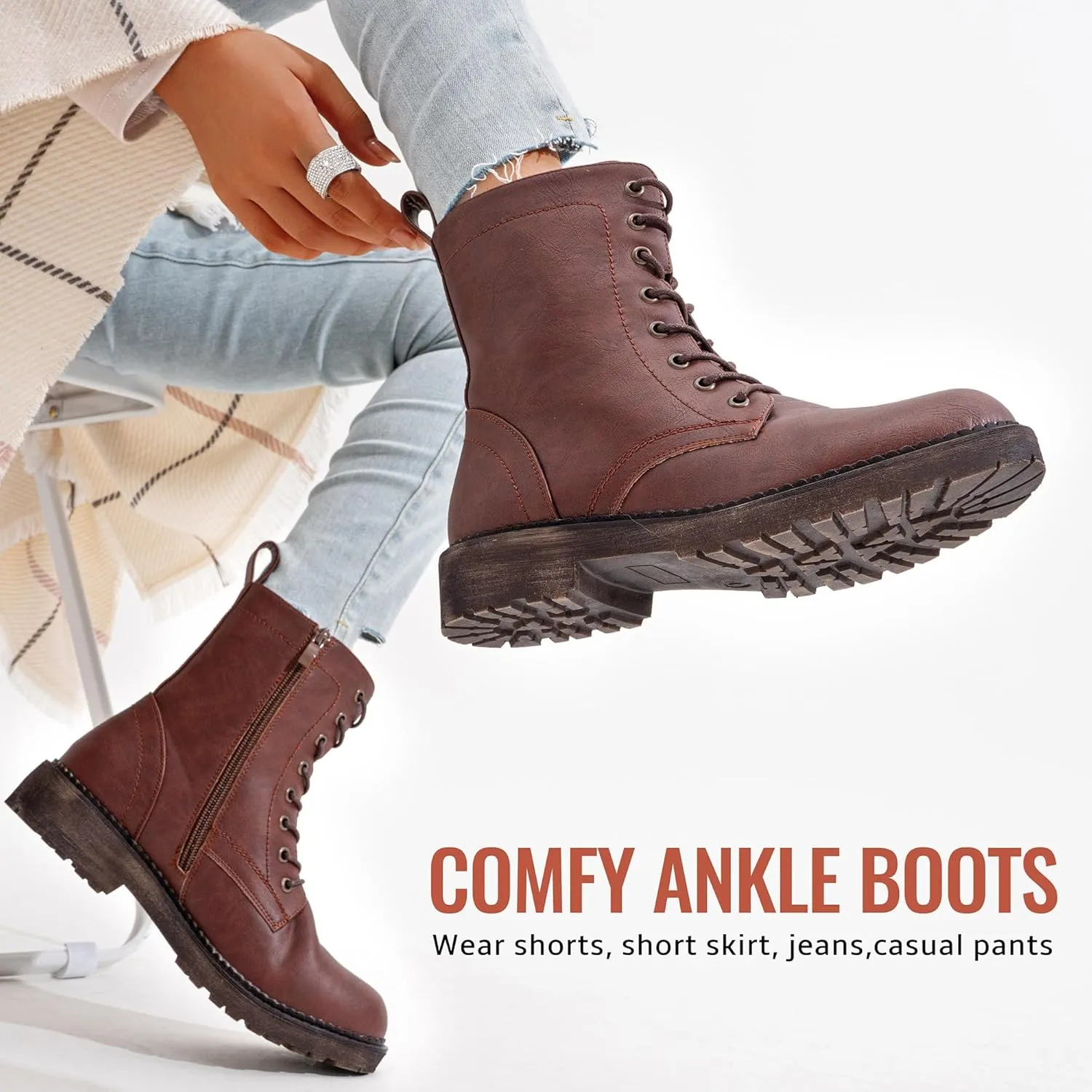 Vepose Women's Combat Ankle Black Flat Boots, Military Fashion 925 Booties Inner Zipper
