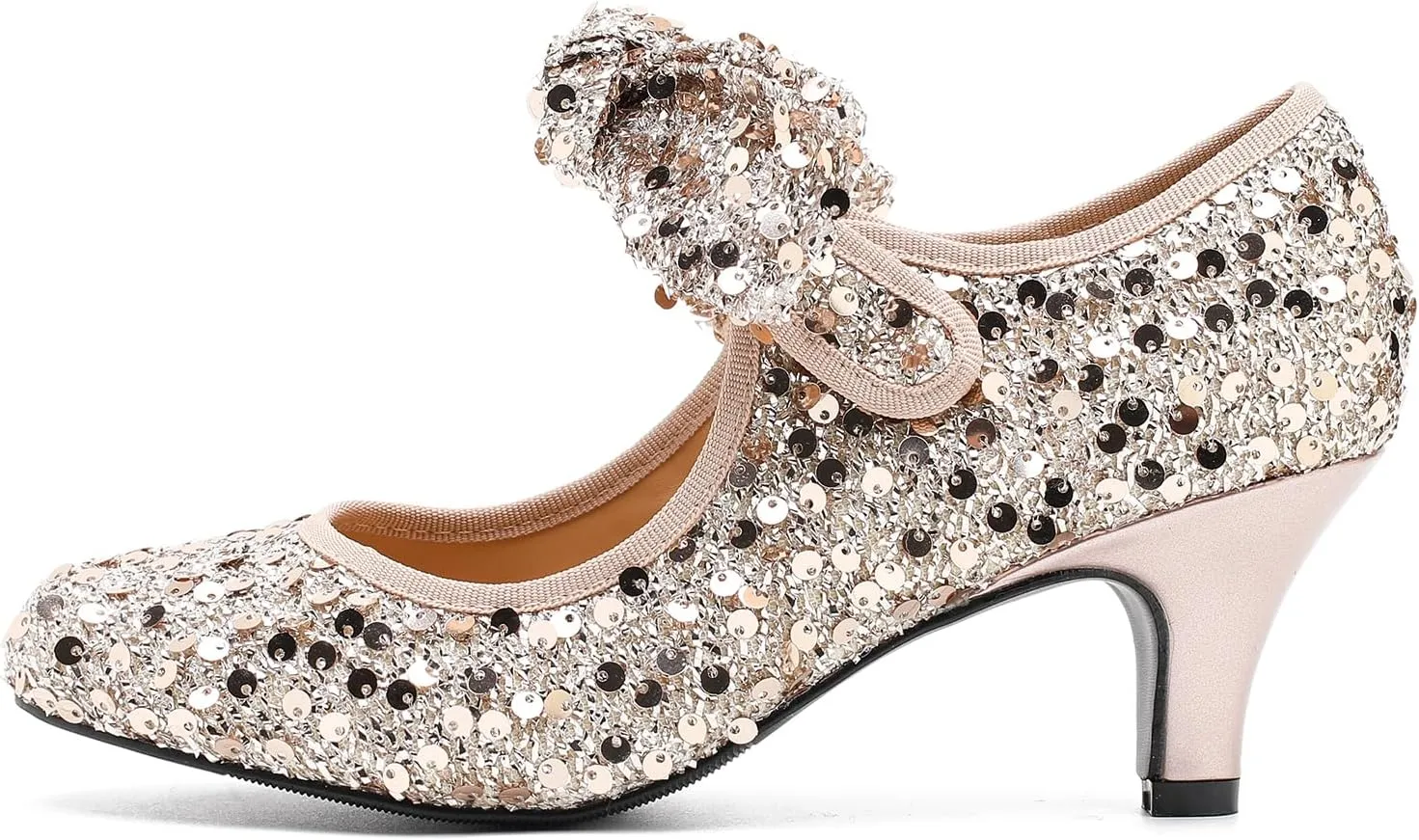 Women's Low Kitten Heels with Bow Mary Jane Sequin Pumps Comfortable Vintage Dance Wedding Dress Shoes