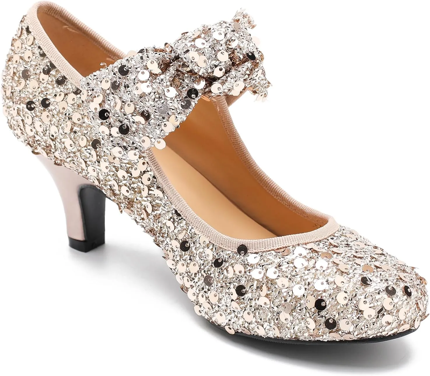 Women's Low Kitten Heels with Bow Mary Jane Sequin Pumps Comfortable Vintage Dance Wedding Dress Shoes