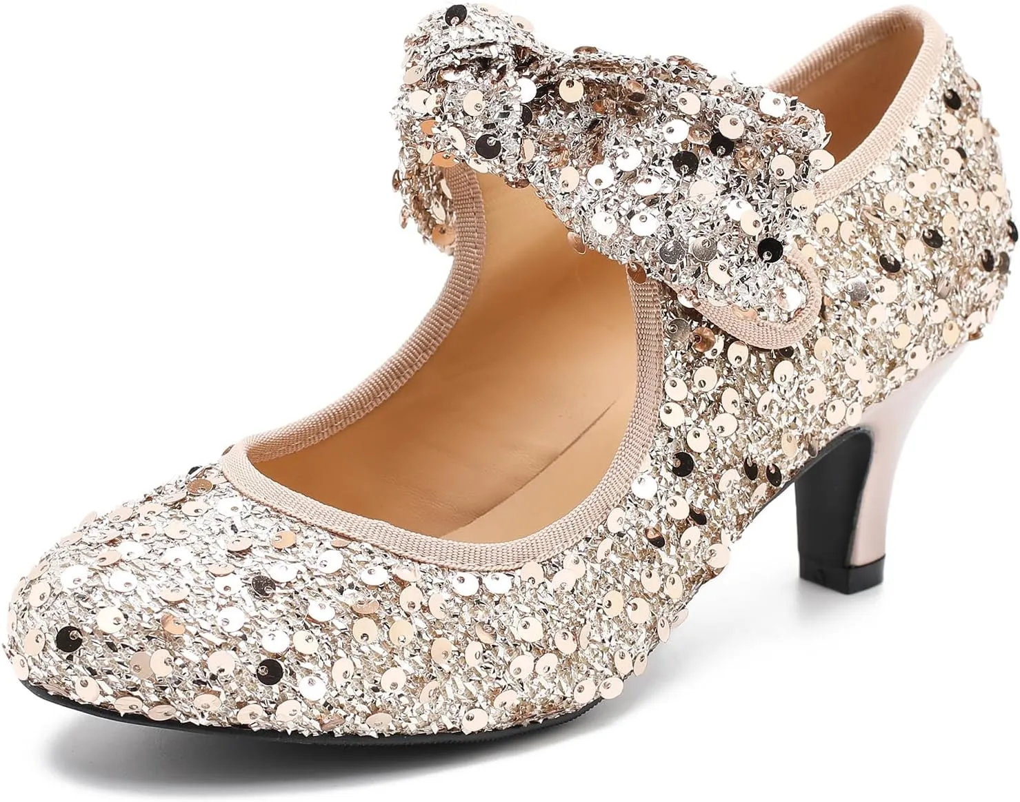 Women's Low Kitten Heels with Bow Mary Jane Sequin Pumps Comfortable Vintage Dance Wedding Dress Shoes