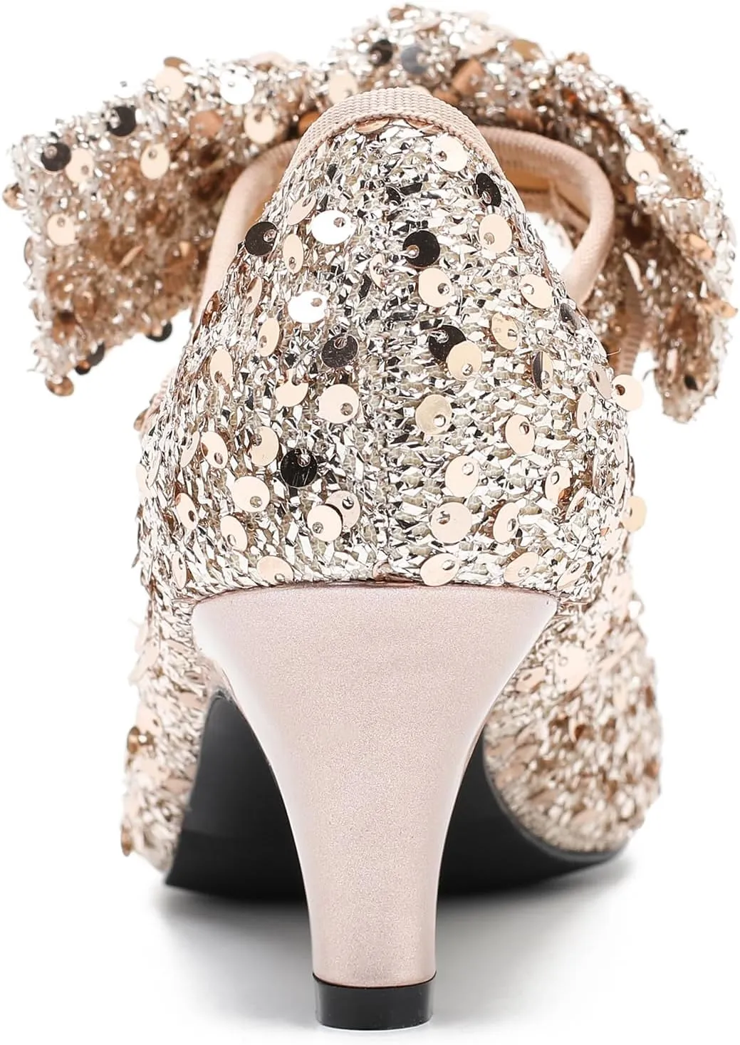 Women's Low Kitten Heels with Bow Mary Jane Sequin Pumps Comfortable Vintage Dance Wedding Dress Shoes