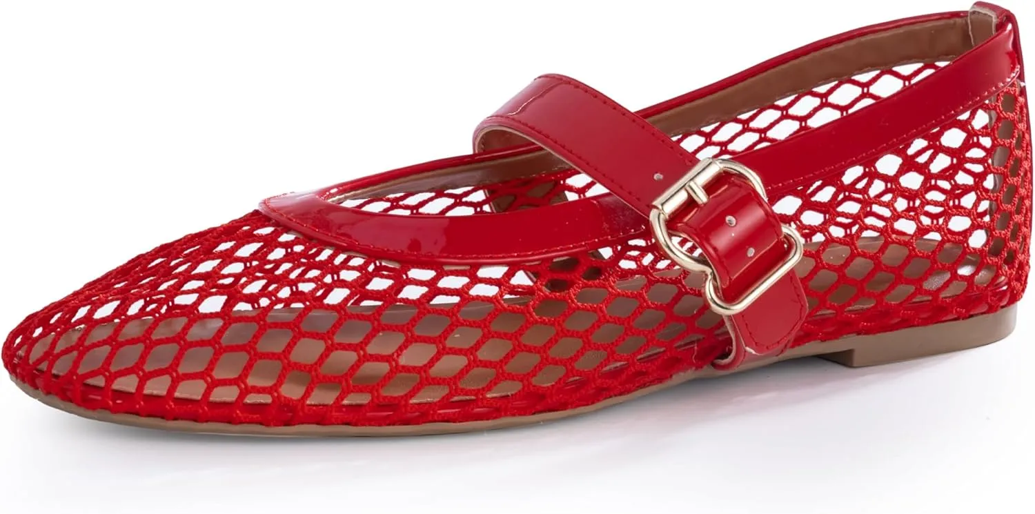 Womens Mesh Ballet Flats  Fishnet Mary Jane Flats with Adjustable Buckle Strap, Breathable & Stylish Ballerina Shoes
