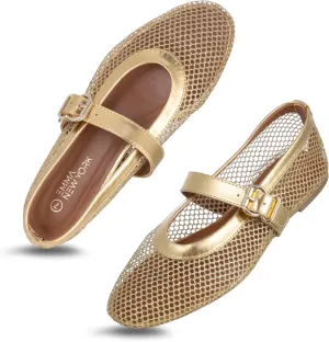 Womens Mesh Ballet Flats  Fishnet Mary Jane Flats with Adjustable Buckle Strap, Breathable & Stylish Ballerina Shoes