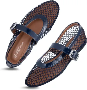 Womens Mesh Ballet Flats  Fishnet Mary Jane Flats with Adjustable Buckle Strap, Breathable & Stylish Ballerina Shoes