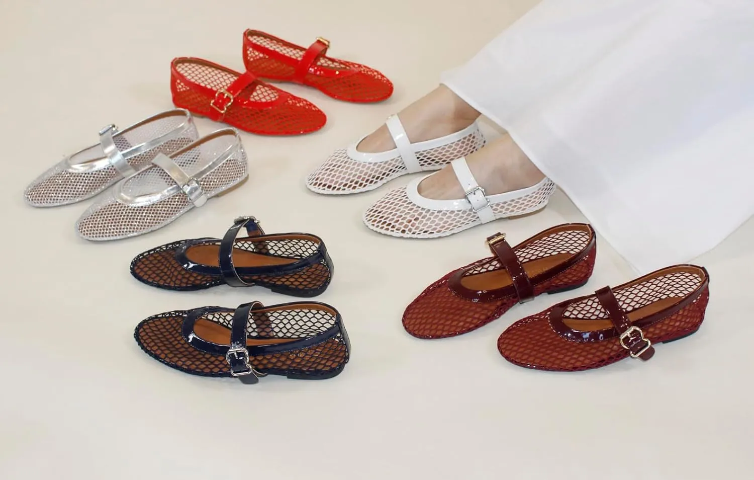 Womens Mesh Ballet Flats  Fishnet Mary Jane Flats with Adjustable Buckle Strap, Breathable & Stylish Ballerina Shoes