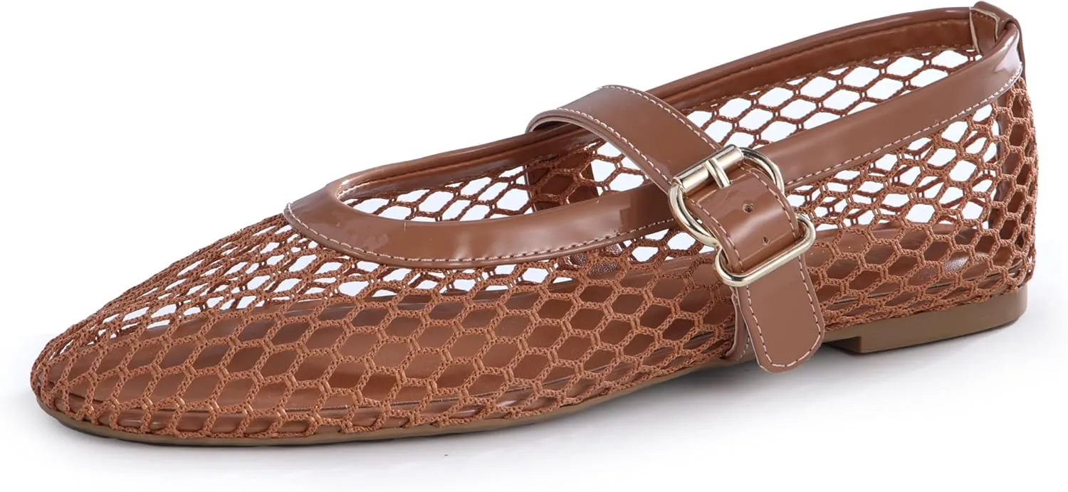 Womens Mesh Ballet Flats  Fishnet Mary Jane Flats with Adjustable Buckle Strap, Breathable & Stylish Ballerina Shoes