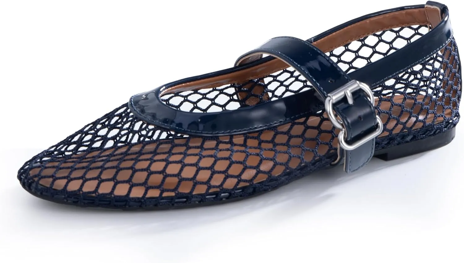Womens Mesh Ballet Flats  Fishnet Mary Jane Flats with Adjustable Buckle Strap, Breathable & Stylish Ballerina Shoes