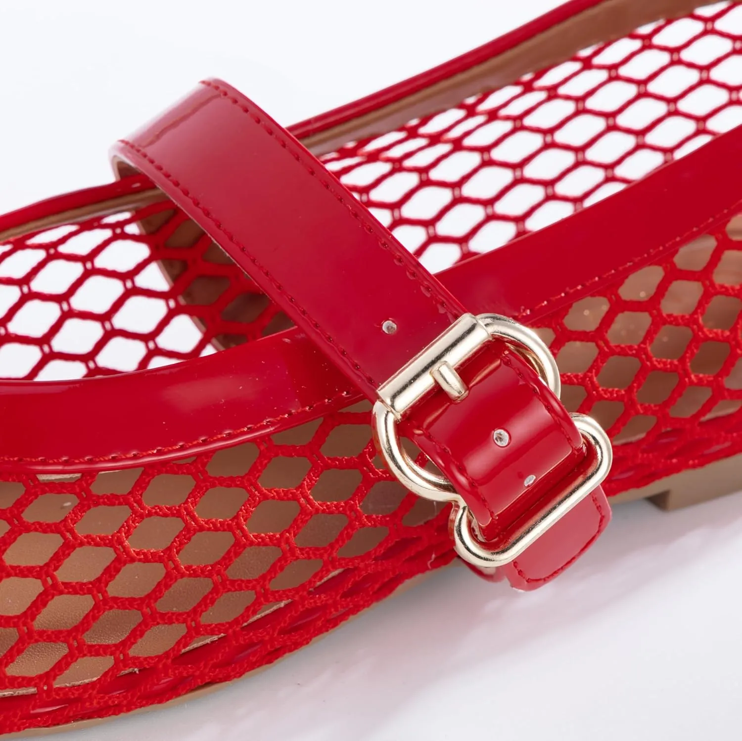 Womens Mesh Ballet Flats  Fishnet Mary Jane Flats with Adjustable Buckle Strap, Breathable & Stylish Ballerina Shoes