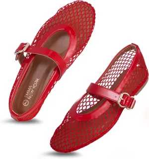 Womens Mesh Ballet Flats  Fishnet Mary Jane Flats with Adjustable Buckle Strap, Breathable & Stylish Ballerina Shoes