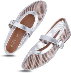 Womens Mesh Ballet Flats  Fishnet Mary Jane Flats with Adjustable Buckle Strap, Breathable & Stylish Ballerina Shoes