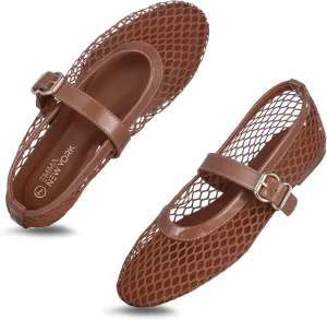 Womens Mesh Ballet Flats  Fishnet Mary Jane Flats with Adjustable Buckle Strap, Breathable & Stylish Ballerina Shoes