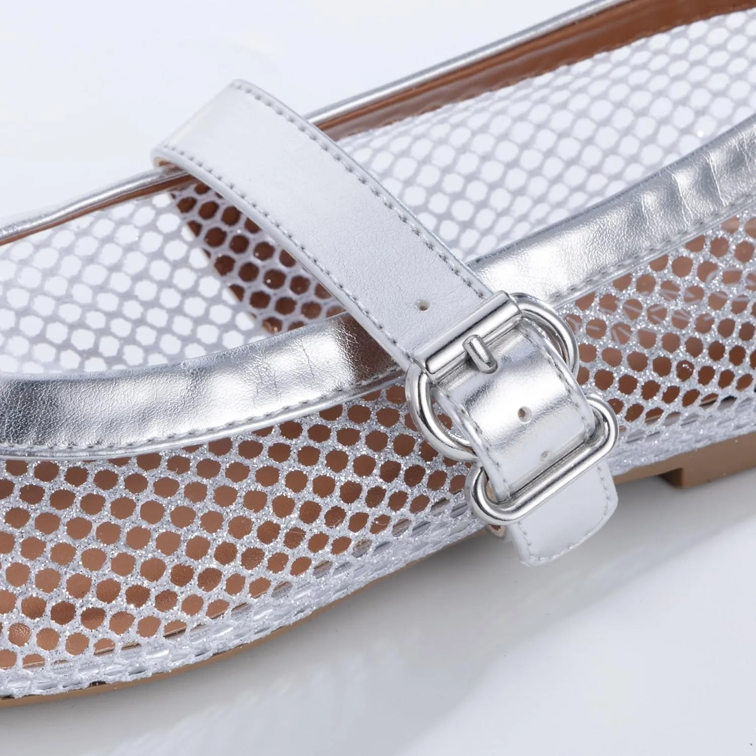 Womens Mesh Ballet Flats  Fishnet Mary Jane Flats with Adjustable Buckle Strap, Breathable & Stylish Ballerina Shoes
