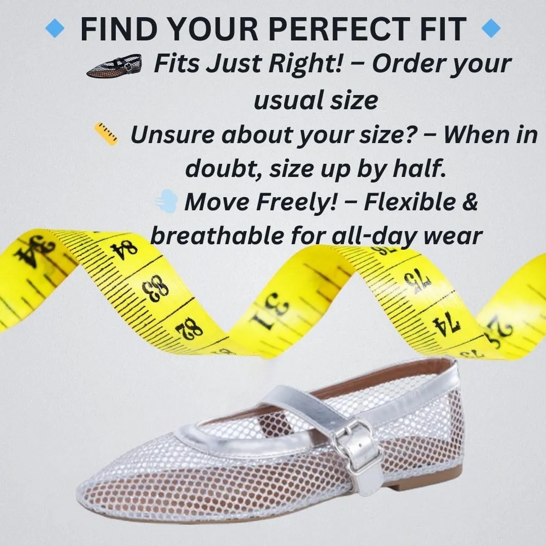 Womens Mesh Ballet Flats  Fishnet Mary Jane Flats with Adjustable Buckle Strap, Breathable & Stylish Ballerina Shoes