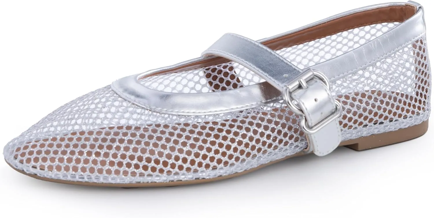 Womens Mesh Ballet Flats  Fishnet Mary Jane Flats with Adjustable Buckle Strap, Breathable & Stylish Ballerina Shoes